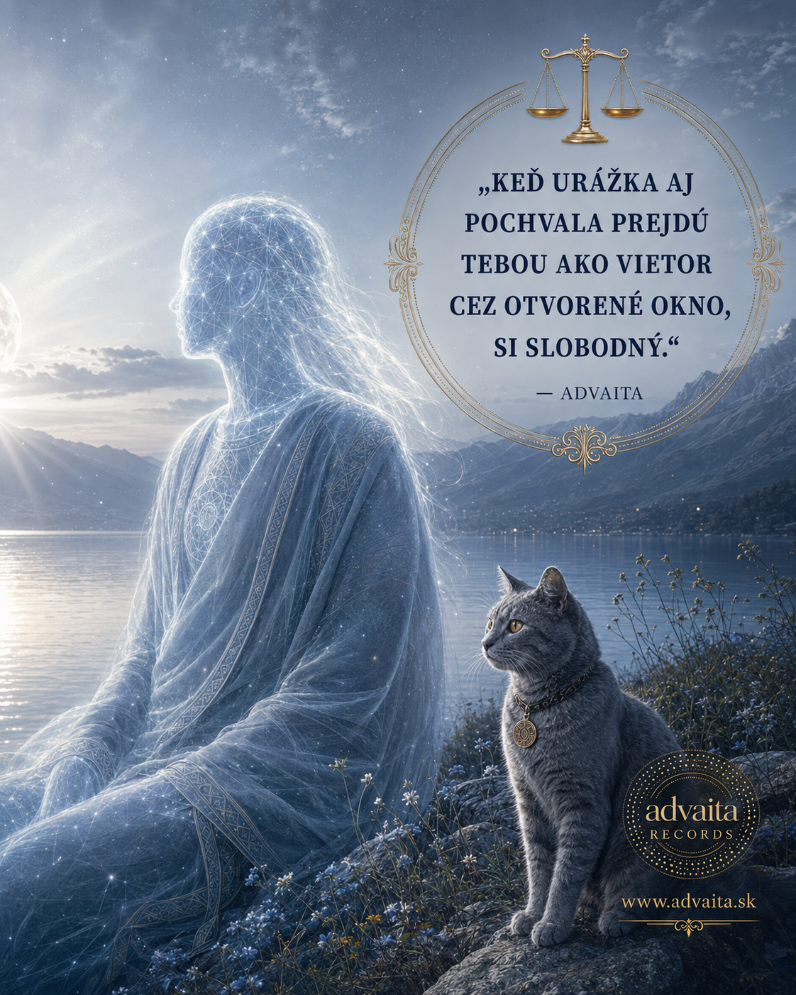 Jazero sa nehnevá na kameň, ktorý doň padne Muž s éterickou striebornou žiarou, sediaci pri jazere pod hviezdnou oblohou, v pozadí mesiac a hory, po boku sivá mačka s medailónom; text citátu „Keď urážka aj pochvala prejdú tebou ako vietor cez otvorené okno, si slobodný." — ADVAITA